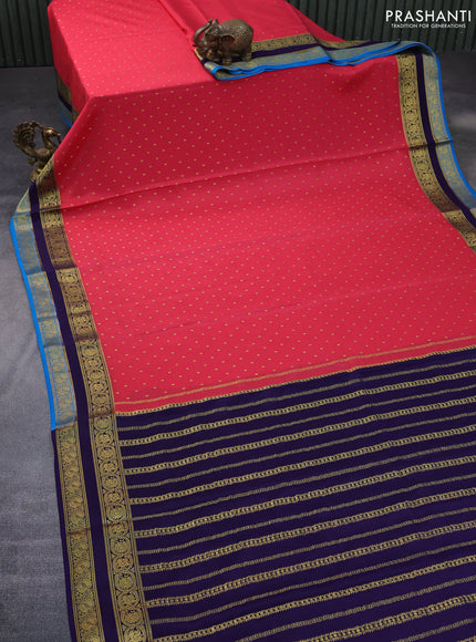 Pure mysore silk saree peach shade and dark blue with allover zari woven buttas and rettapet zari woven border