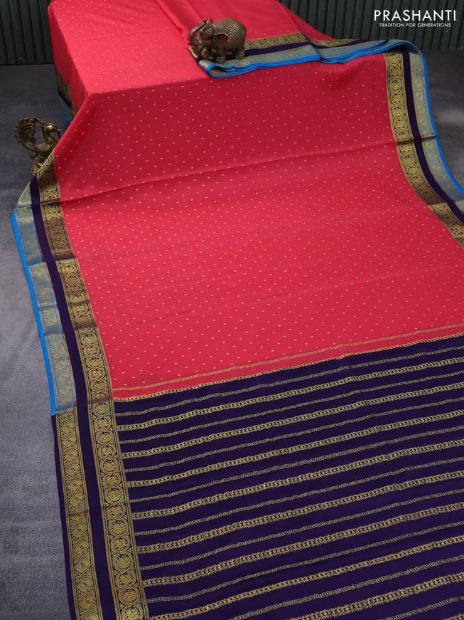 Pure mysore silk saree peach shade and dark blue with allover zari woven buttas and rettapet zari woven border