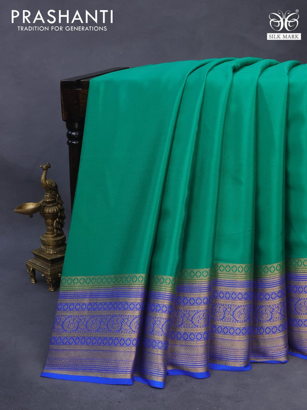 Pure mysore silk saree green and royal blue with plain body and zari woven border