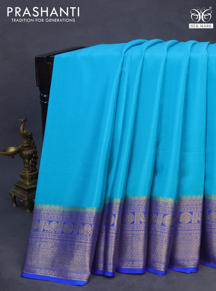 Pure mysore silk saree teal blue and royal blue with plain body and zari woven border