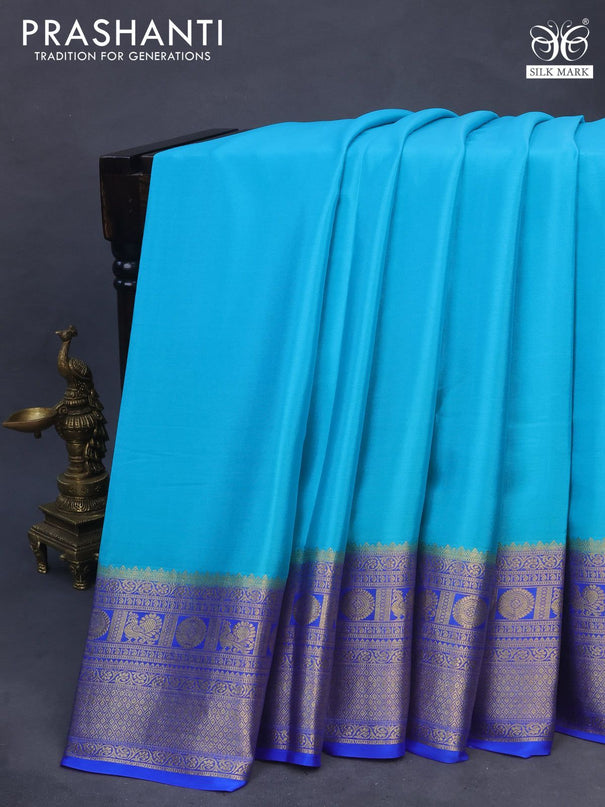 Pure mysore silk saree teal blue and royal blue with plain body and zari woven border