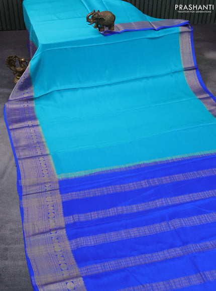 Pure mysore silk saree teal blue and royal blue with plain body and zari woven border