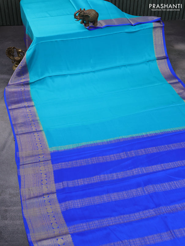 Pure mysore silk saree teal blue and royal blue with plain body and zari woven border