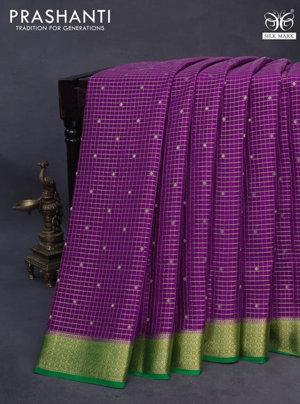 Pure mysore silk saree purple and green with allover zari checks & buttas and rich zari woven border