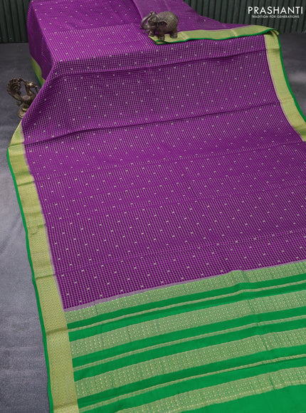 Pure mysore silk saree purple and green with allover zari checks & buttas and rich zari woven border