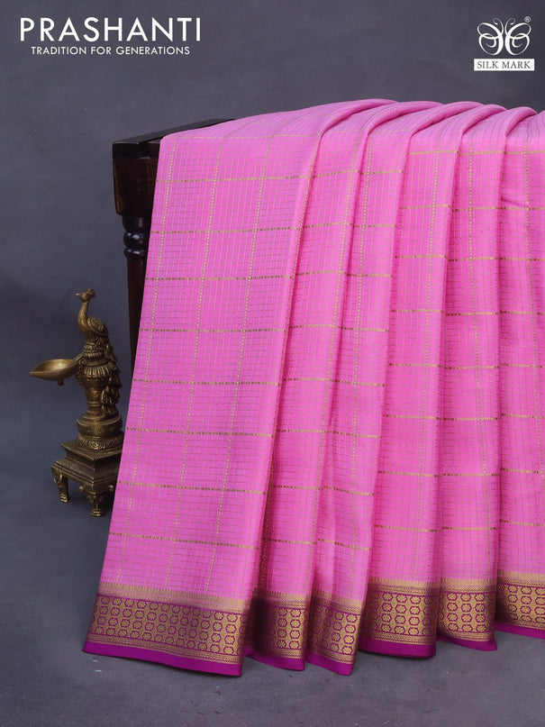 Pure mysore silk saree lotus pink and purple with allover zari checked pattern and zari woven border