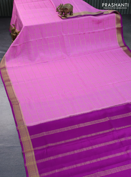 Pure mysore silk saree lotus pink and purple with allover zari checked pattern and zari woven border