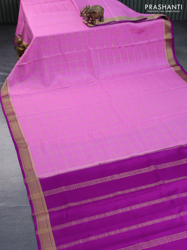 Pure mysore silk saree lotus pink and purple with allover zari checked pattern and zari woven border