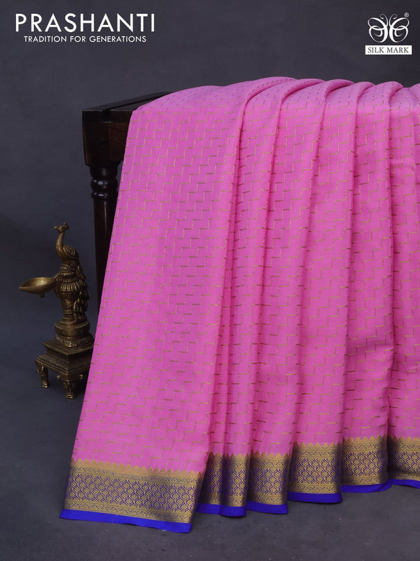 Pure mysore silk saree light pink and royal blue with allover zari weaves and zari woven border