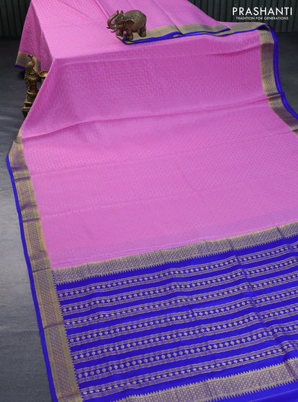 Pure mysore silk saree light pink and royal blue with allover zari weaves and zari woven border