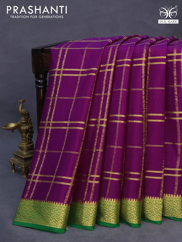 Pure mysore silk saree purple and green with allover zari checked pattern and zari woven border