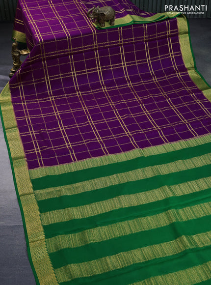 Pure mysore silk saree purple and green with allover zari checked pattern and zari woven border