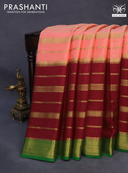 Pure mysore silk saree peach shade and maroon green with allover zari weaves and zari woven border