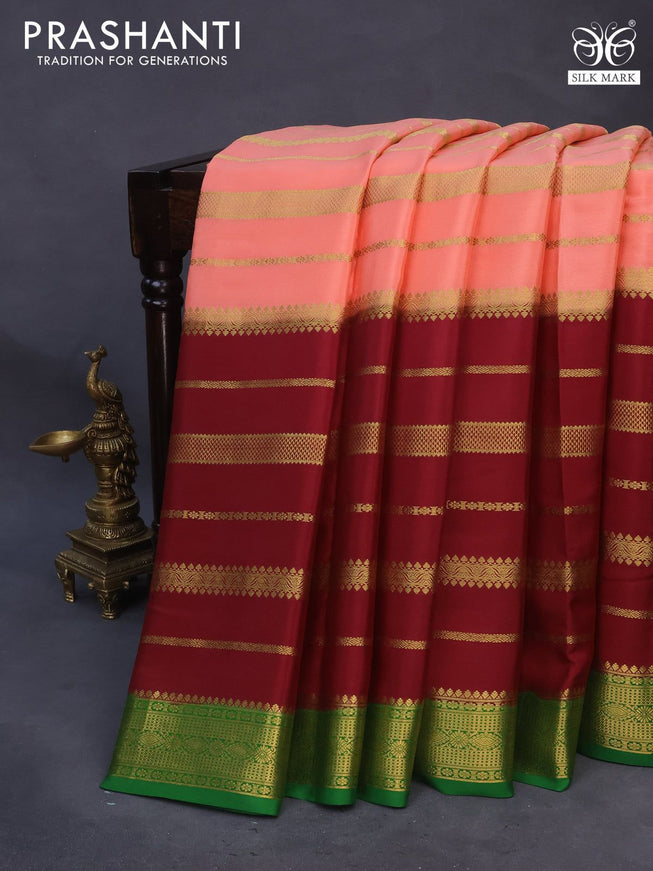 Pure mysore silk saree peach shade and maroon green with allover zari weaves and zari woven border