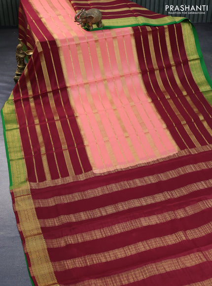 Pure mysore silk saree peach shade and maroon green with allover zari weaves and zari woven border