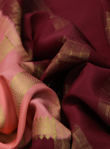 Pure mysore silk saree peach shade and maroon green with allover zari weaves and zari woven border