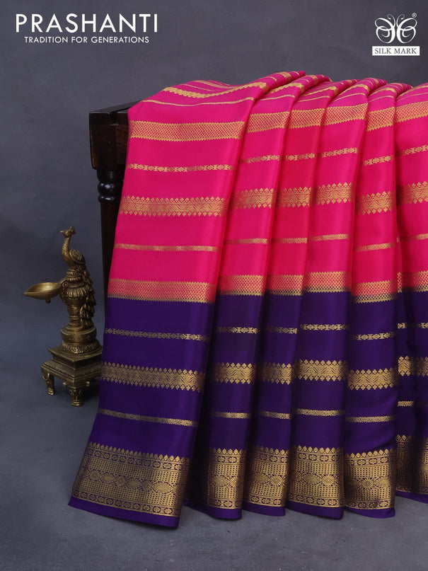 Pure mysore silk saree pink and blue with allover zari weaves and zari woven border