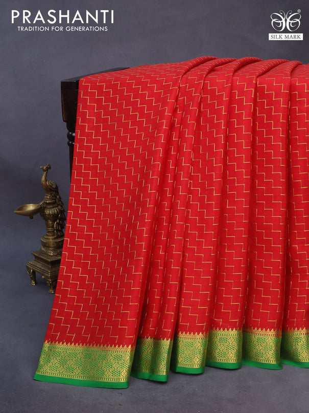 Pure mysore silk saree red and green with allover zari weaves and zari woven border