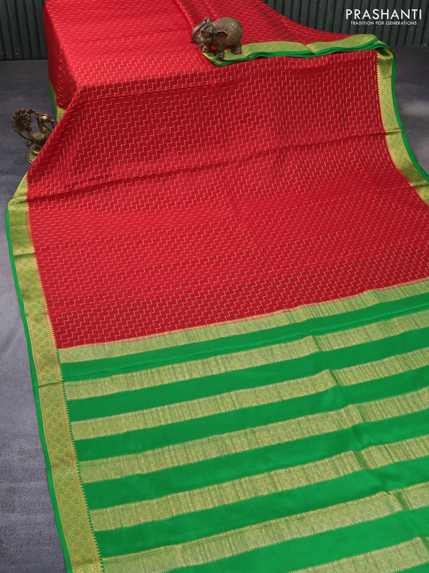 Pure mysore silk saree red and green with allover zari weaves and zari woven border