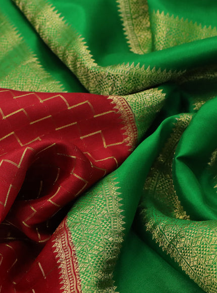 Pure mysore silk saree red and green with allover zari weaves and zari woven border