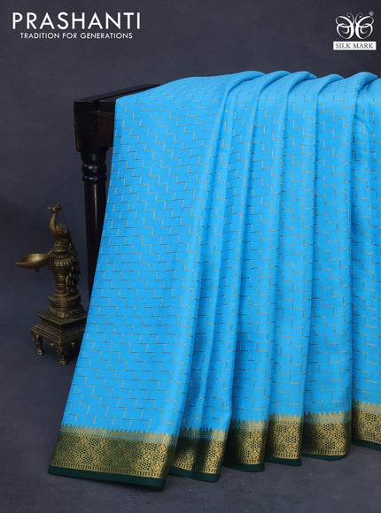 Pure mysore silk saree light blue and dark green with allover zari weaves and zari woven border