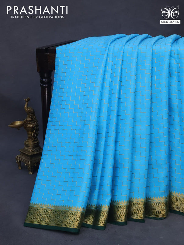 Pure mysore silk saree light blue and dark green with allover zari weaves and zari woven border