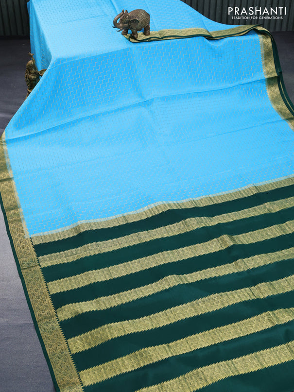 Pure mysore silk saree light blue and dark green with allover zari weaves and zari woven border