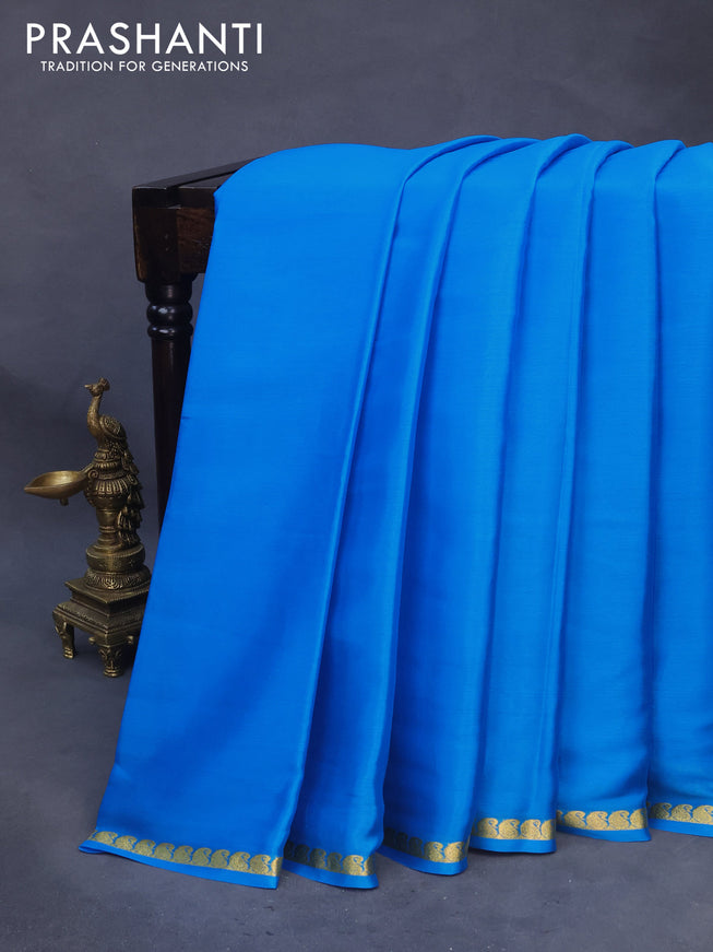 Pure mysore silk saree cs blue with plain body and zari woven border