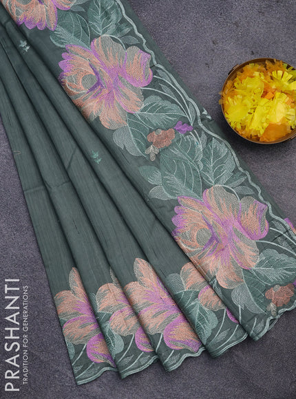 Semi raw silk saree pastel green shade with embroidery work buttas and floral design embroidery work border