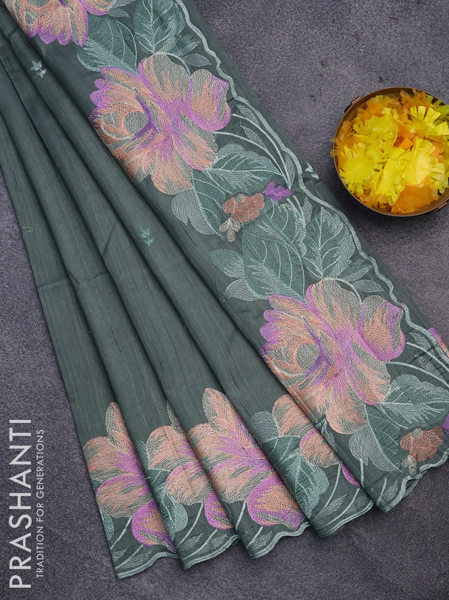 Semi raw silk saree pastel green shade with embroidery work buttas and floral design embroidery work border