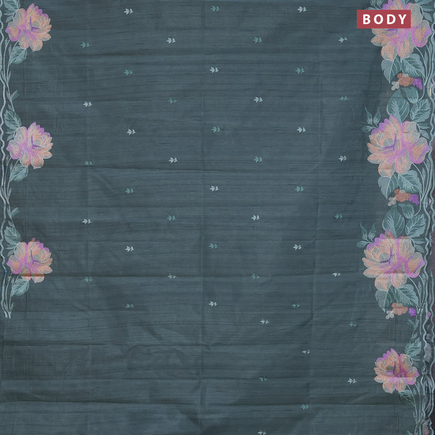 Semi raw silk saree pastel green shade with embroidery work buttas and floral design embroidery work border