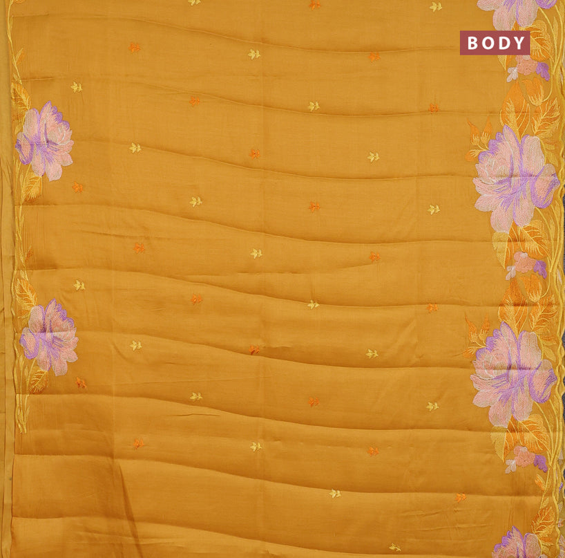 Semi raw silk saree mustard yellow with embroidery work buttas and floral design embroidery work border