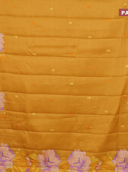 Semi raw silk saree mustard yellow with embroidery work buttas and floral design embroidery work border