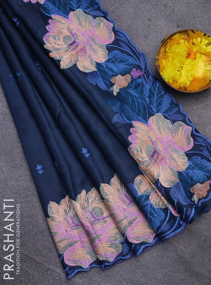 Semi raw silk saree peacock blue with embroidery work buttas and floral design embroidery work border