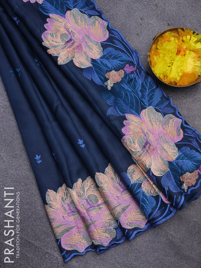 Semi raw silk saree peacock blue with embroidery work buttas and floral design embroidery work border