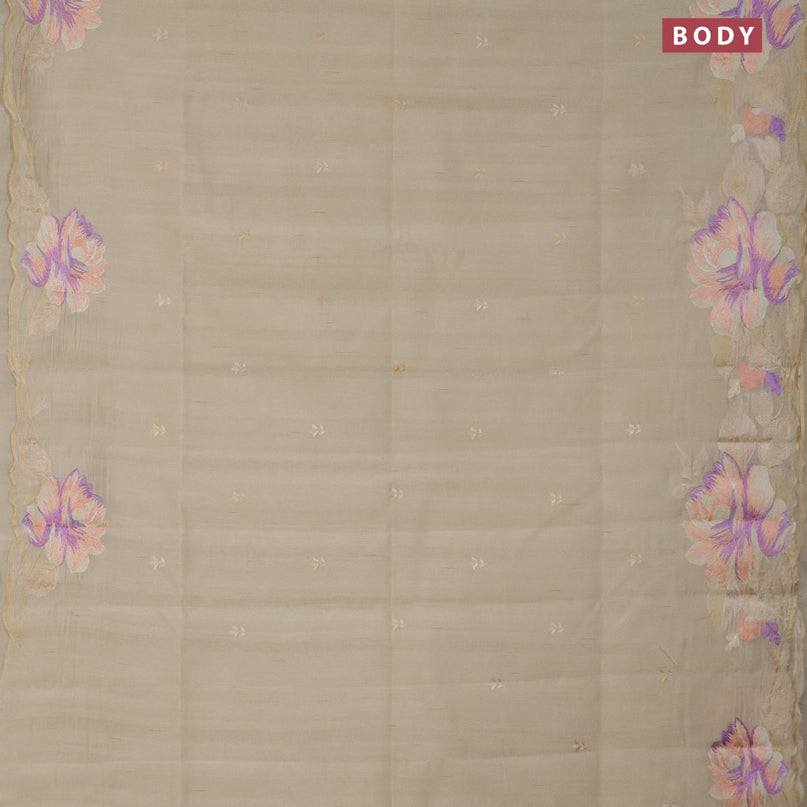 Semi raw silk saree beige with embroidery work buttas and floral design embroidery work border