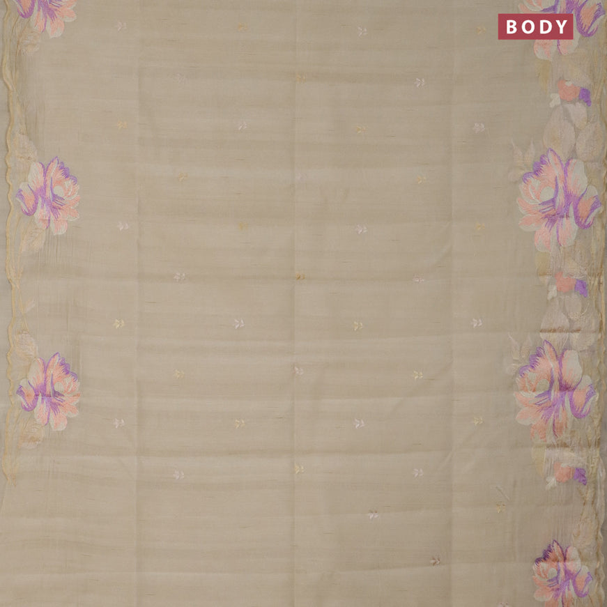 Semi raw silk saree beige with embroidery work buttas and floral design embroidery work border