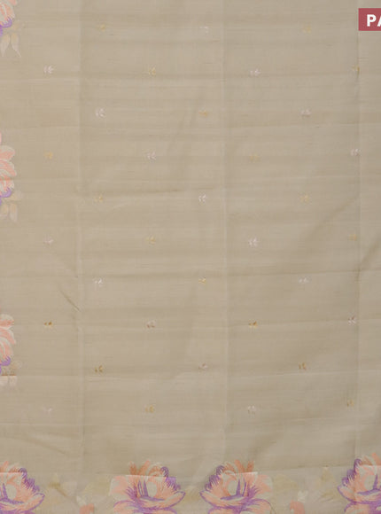 Semi raw silk saree beige with embroidery work buttas and floral design embroidery work border