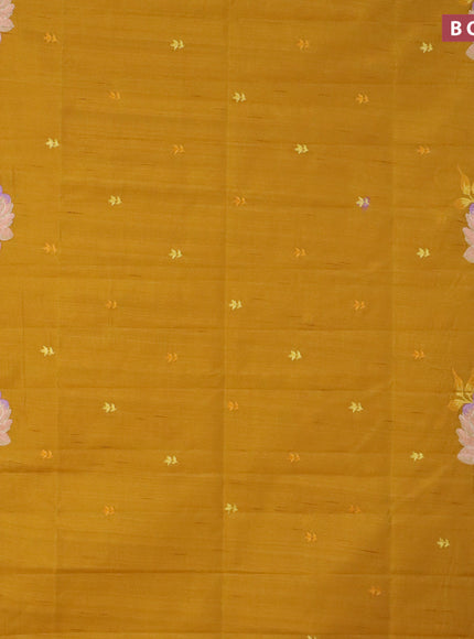 Semi raw silk saree mustard yellow with embroidery work buttas and floral design embroidery work border