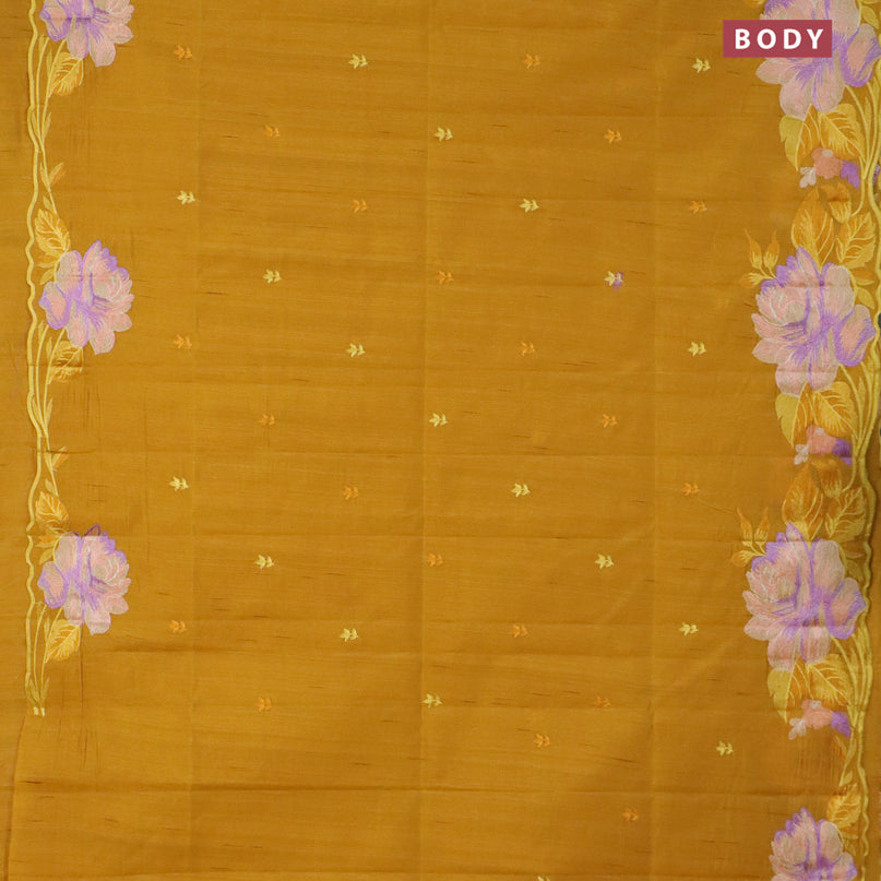 Semi raw silk saree mustard yellow with embroidery work buttas and floral design embroidery work border