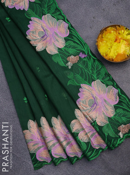 Semi raw silk saree dark green with embroidery work buttas and floral design embroidery work border