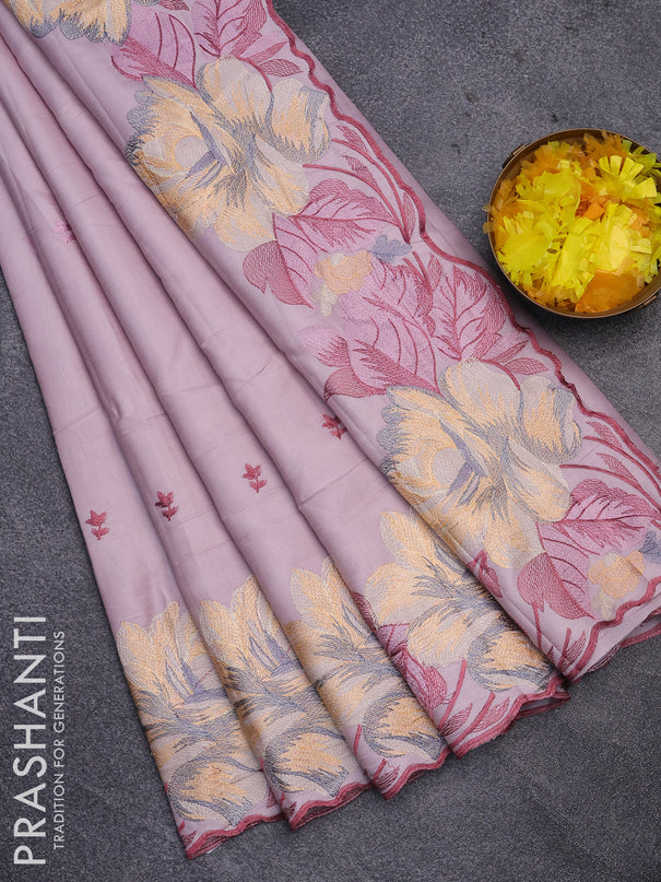 Semi raw silk saree pastel lavender with embroidery work buttas and floral design embroidery work border