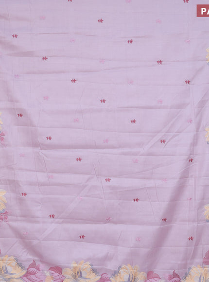 Semi raw silk saree pastel lavender with embroidery work buttas and floral design embroidery work border