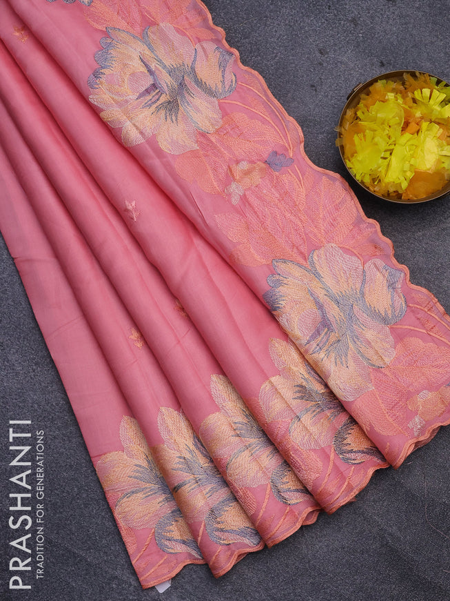 Semi raw silk saree peach pink with embroidery work buttas and floral design embroidery work border