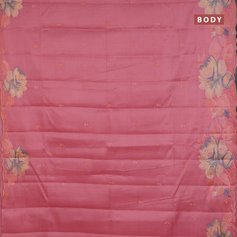 Semi raw silk saree peach pink with embroidery work buttas and floral design embroidery work border