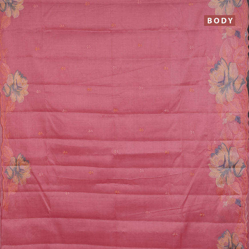 Semi raw silk saree peach pink with embroidery work buttas and floral design embroidery work border