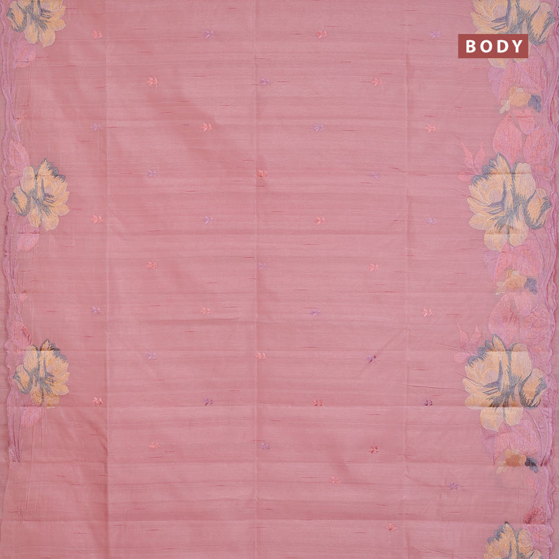 Semi raw silk saree peach shade with embroidery work buttas and floral design embroidery work border