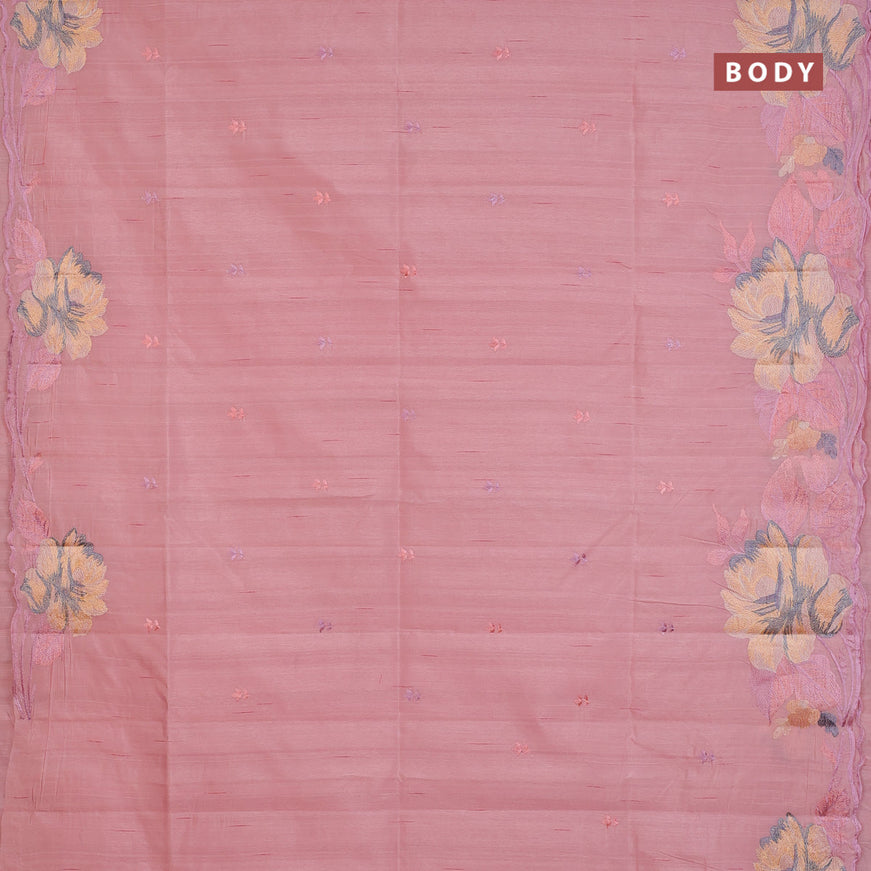 Semi raw silk saree peach shade with embroidery work buttas and floral design embroidery work border