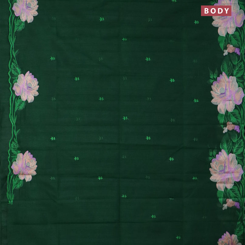 Semi raw silk saree dark green with embroidery work buttas and floral design embroidery work border