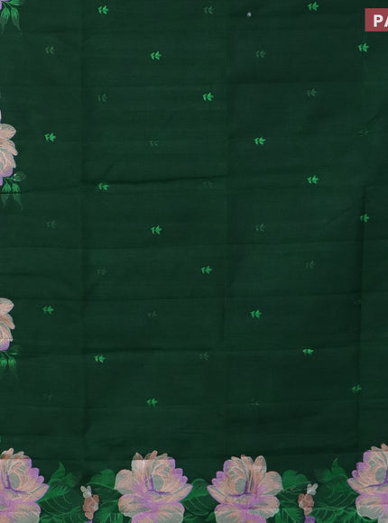 Semi raw silk saree dark green with embroidery work buttas and floral design embroidery work border